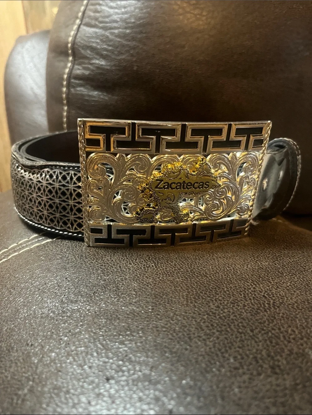 Zacatecas Men's Western Cowboy Rodeo Leather Belt Ornamental Silver Buckle